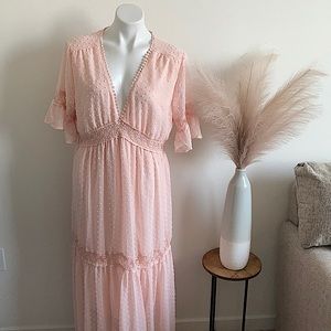 Blush Pink Lace and Polka Dot Deep V Maxi Dress